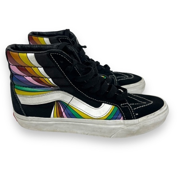 Vans Shoes Mens 4 Womens 5.5 Black Rainbow Stripe High Top Sk8 Reissue Sneakers - Picture 2 of 9